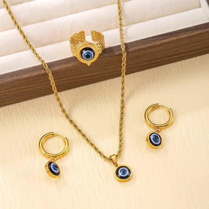 Elegantes "Evil Eye" Schutz-Schmuckset in Gold – Halskette, Ring & Ohrringe