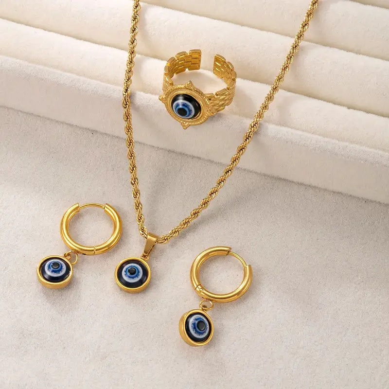 Elegantes "Evil Eye" Schutz-Schmuckset in Gold – Halskette, Ring & Ohrringe