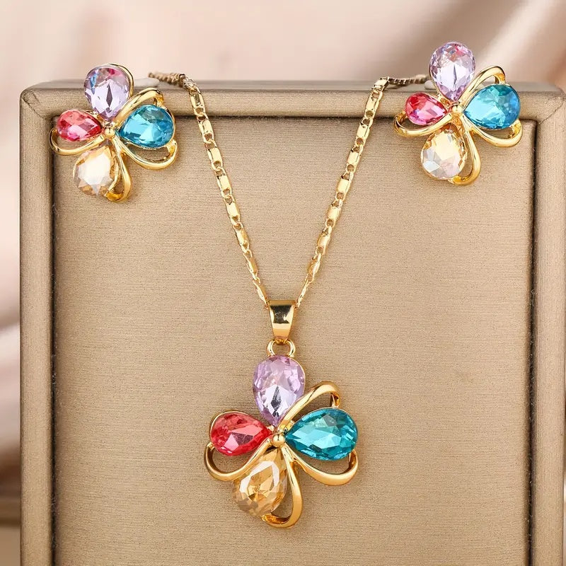 Elegantes Vierblättriges Kleeblatt Schmuckset mit bunten Kristallsteinen