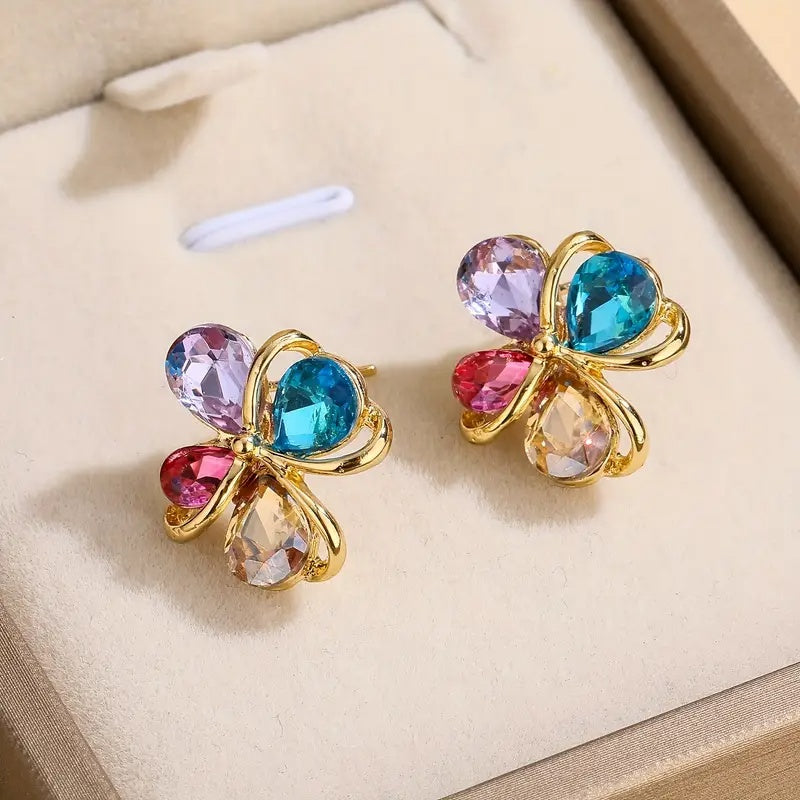 Elegantes Vierblättriges Kleeblatt Schmuckset mit bunten Kristallsteinen