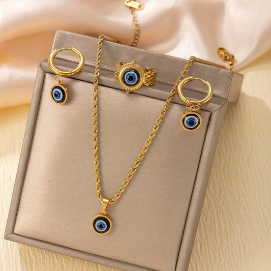 Elegantes "Evil Eye" Schutz-Schmuckset in Gold – Halskette, Ring & Ohrringe