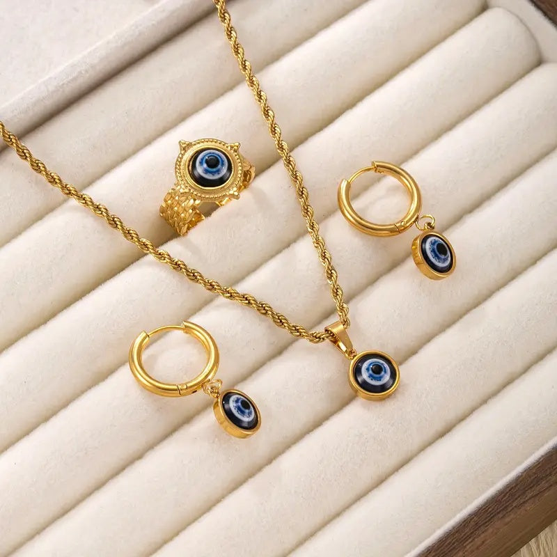 Elegantes "Evil Eye" Schutz-Schmuckset in Gold – Halskette, Ring & Ohrringe