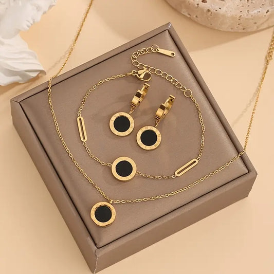 Zeitloses Elegantes Schmuckset in Gold mit Römischen Ziffern – Halskette, Armband & Ohrringe